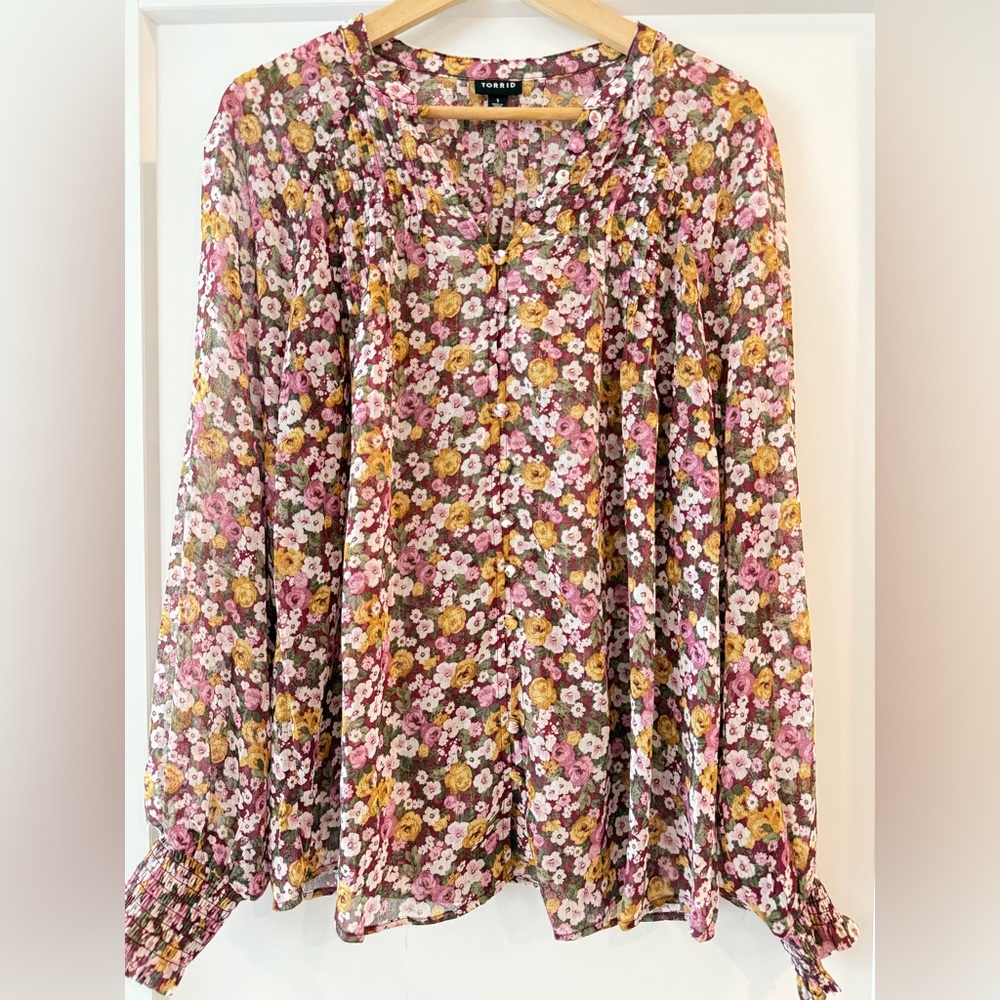 Torrid Pink and Yellow Pleated A-Line Maxi Blouse